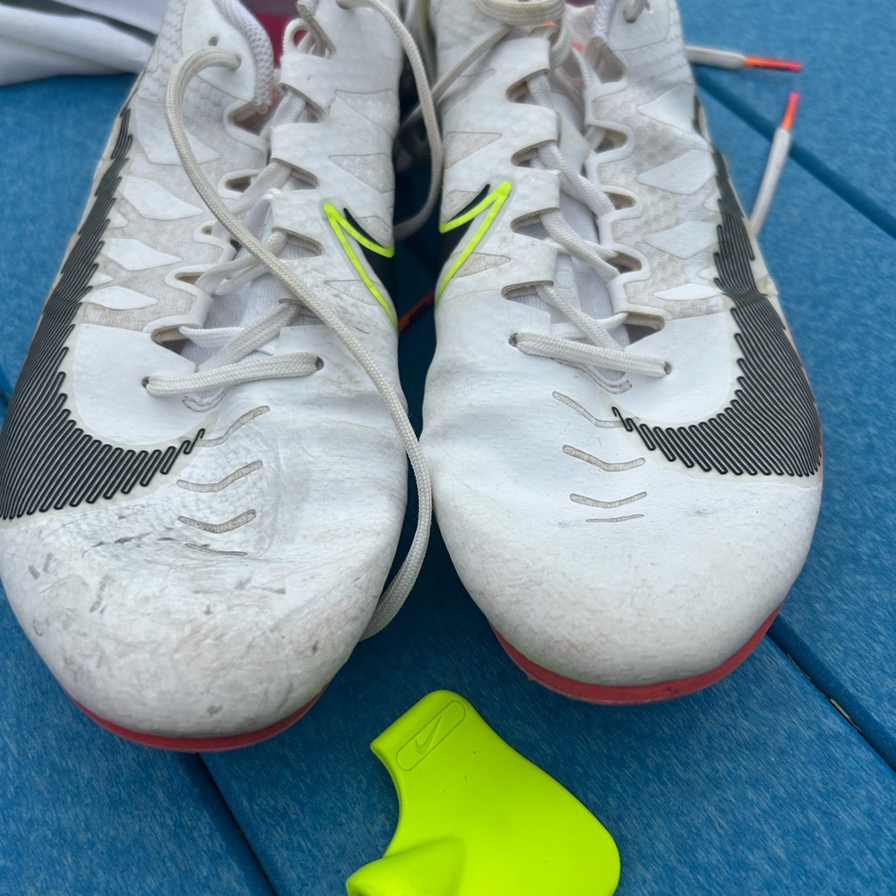 Nike White and Neon Yellow Track spikes